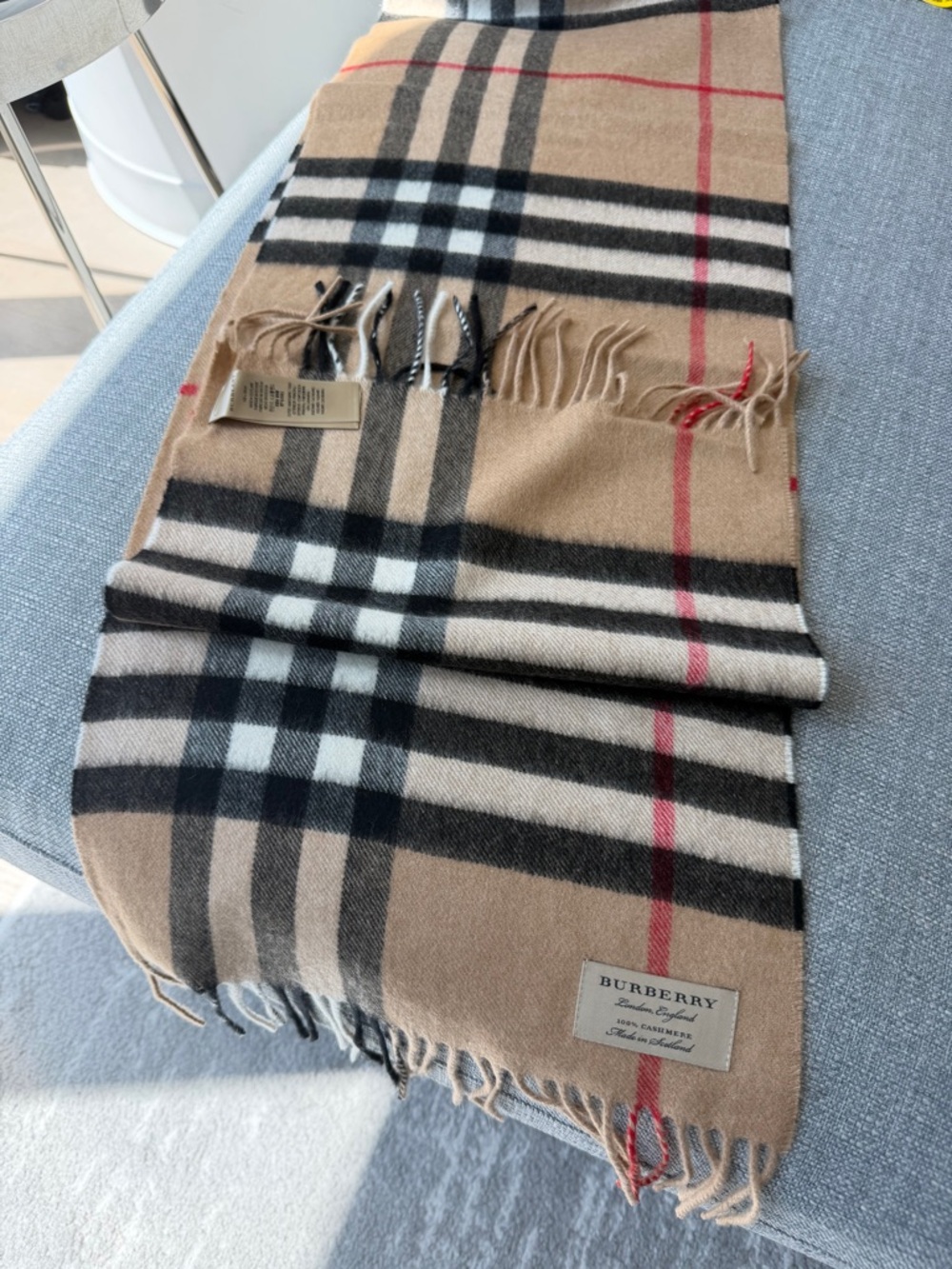 Burberry Tan Classic Check Wool Scarf with Black, White & Red Stripes Authentic - Picture 2 of 4